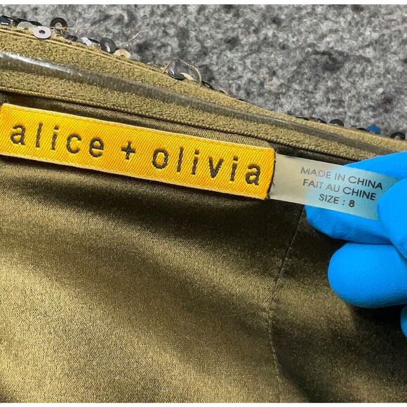 Alice + Olivia Strapless Olive Green Peplum Cotton Sequined Top Size 8 - Picture 3 of 3